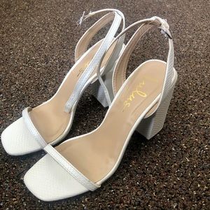 Larsaa Snake-Embossed Ankle Strap Heel Sandals